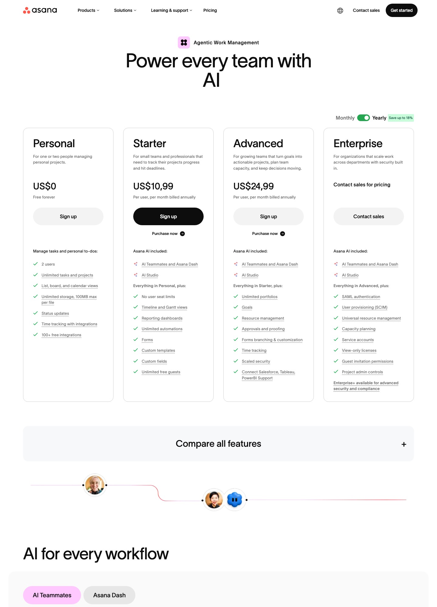Asana pricing page captured October 2026 with Yearly selected showing Personal, Starter, Advanced and Enterprise