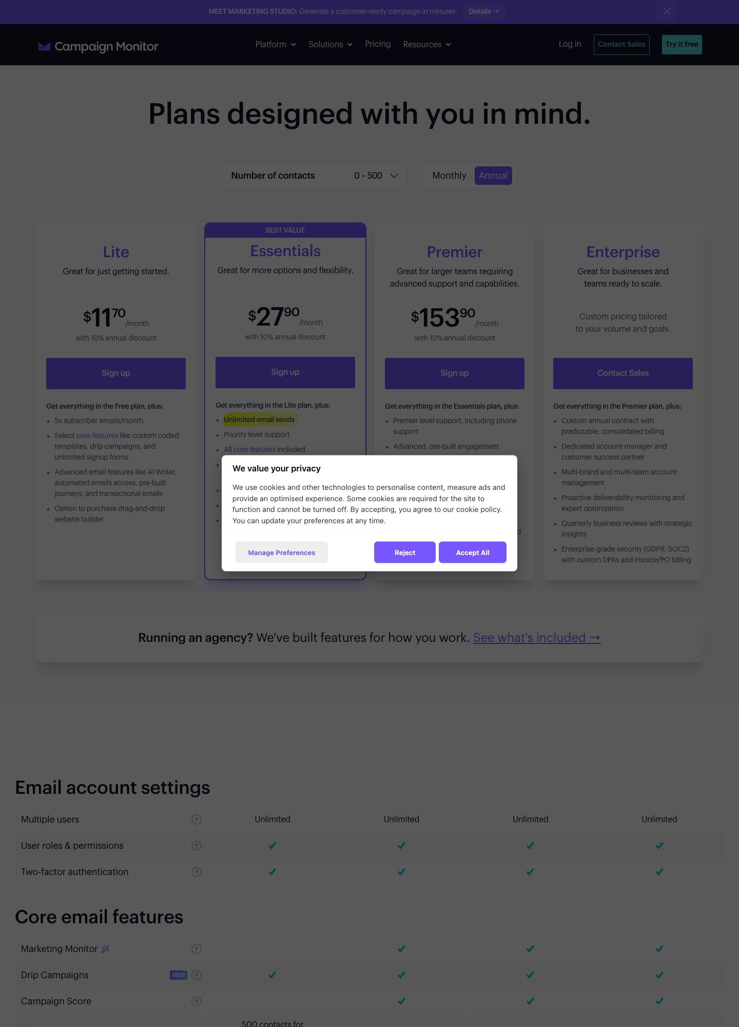 Campaign Monitor pricing page, captured Oct 2026