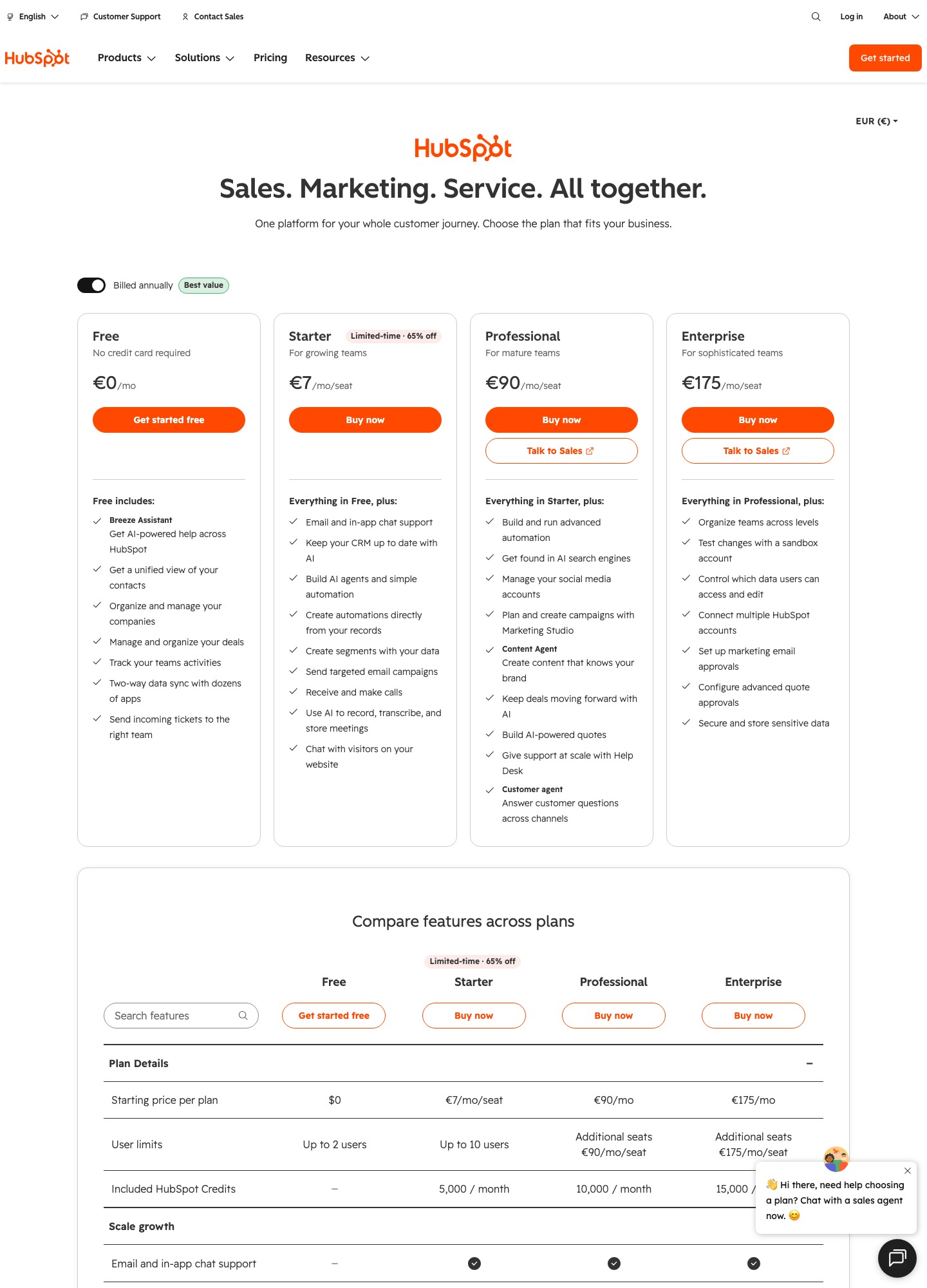 HubSpot pricing page, captured Oct 2026