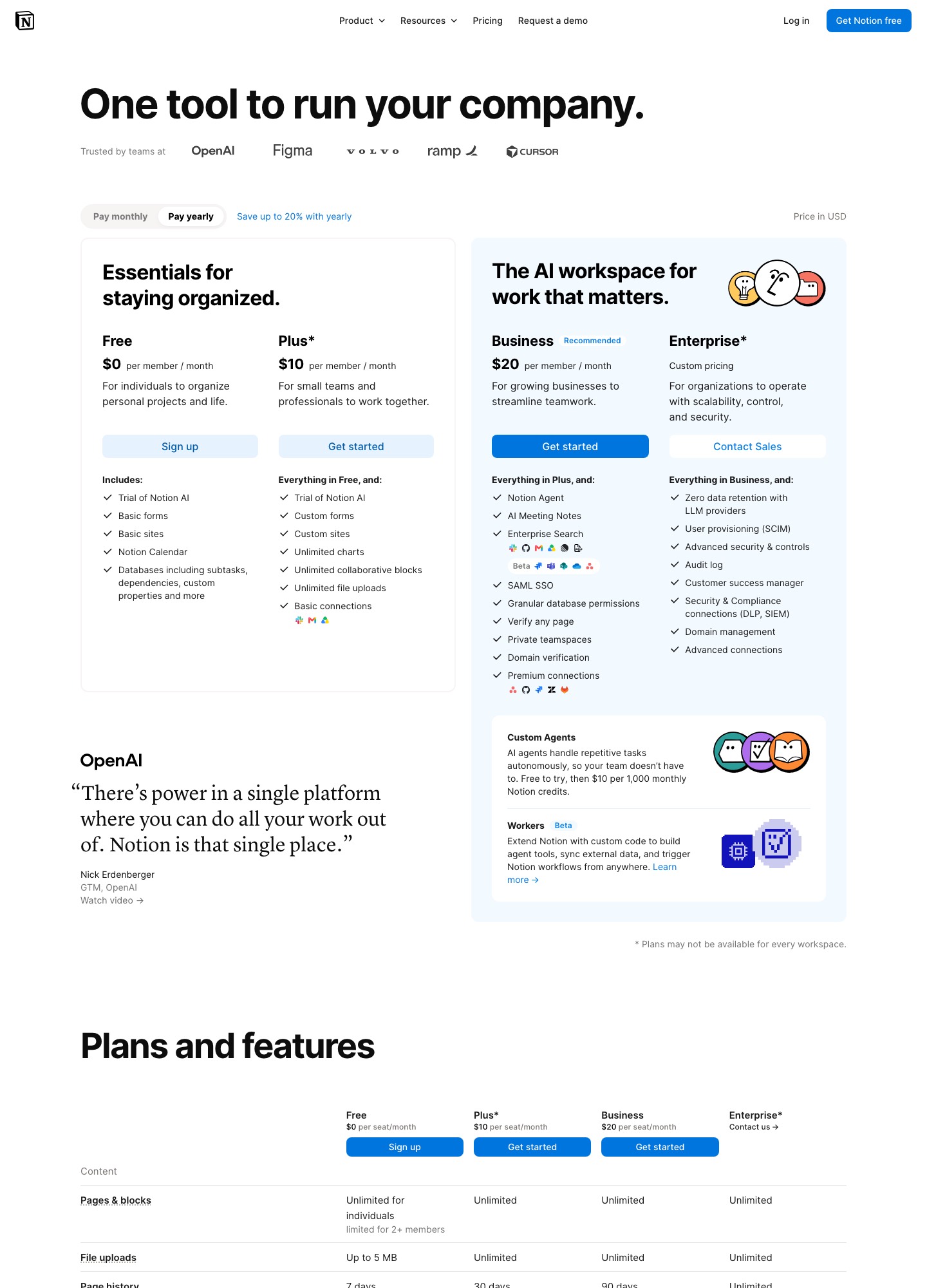 Notion pricing page captured October 2026 with Pay yearly selected showing Free, Plus, Business and Enterprise