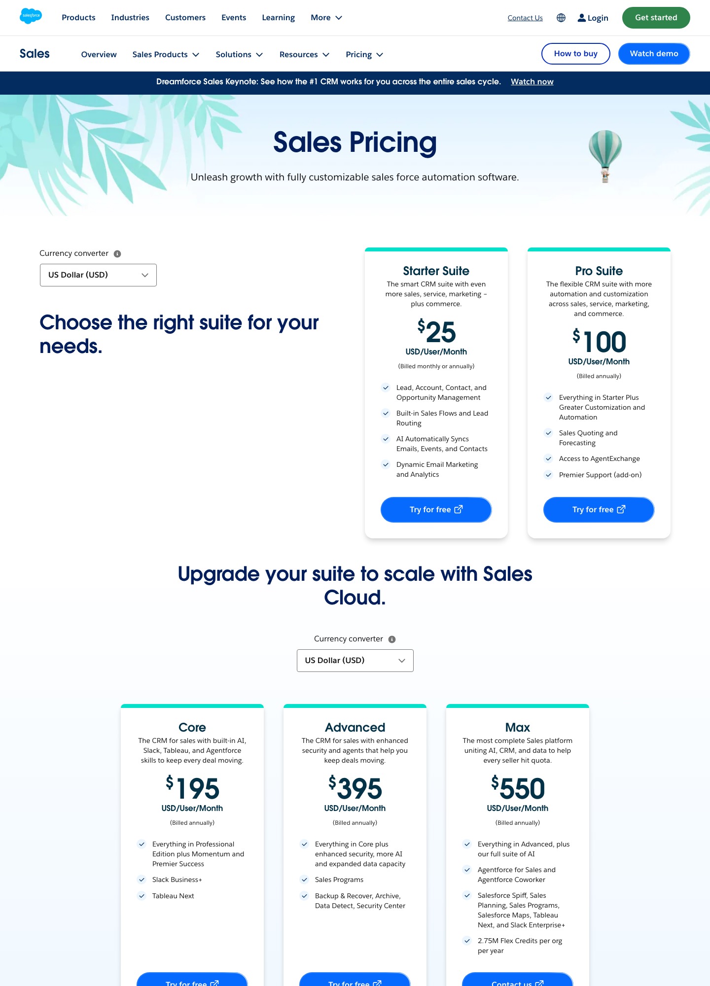 Salesforce Sales pricing page captured October 2026 showing Starter Suite, Pro Suite, Core, Advanced and Max in USD per user per month
