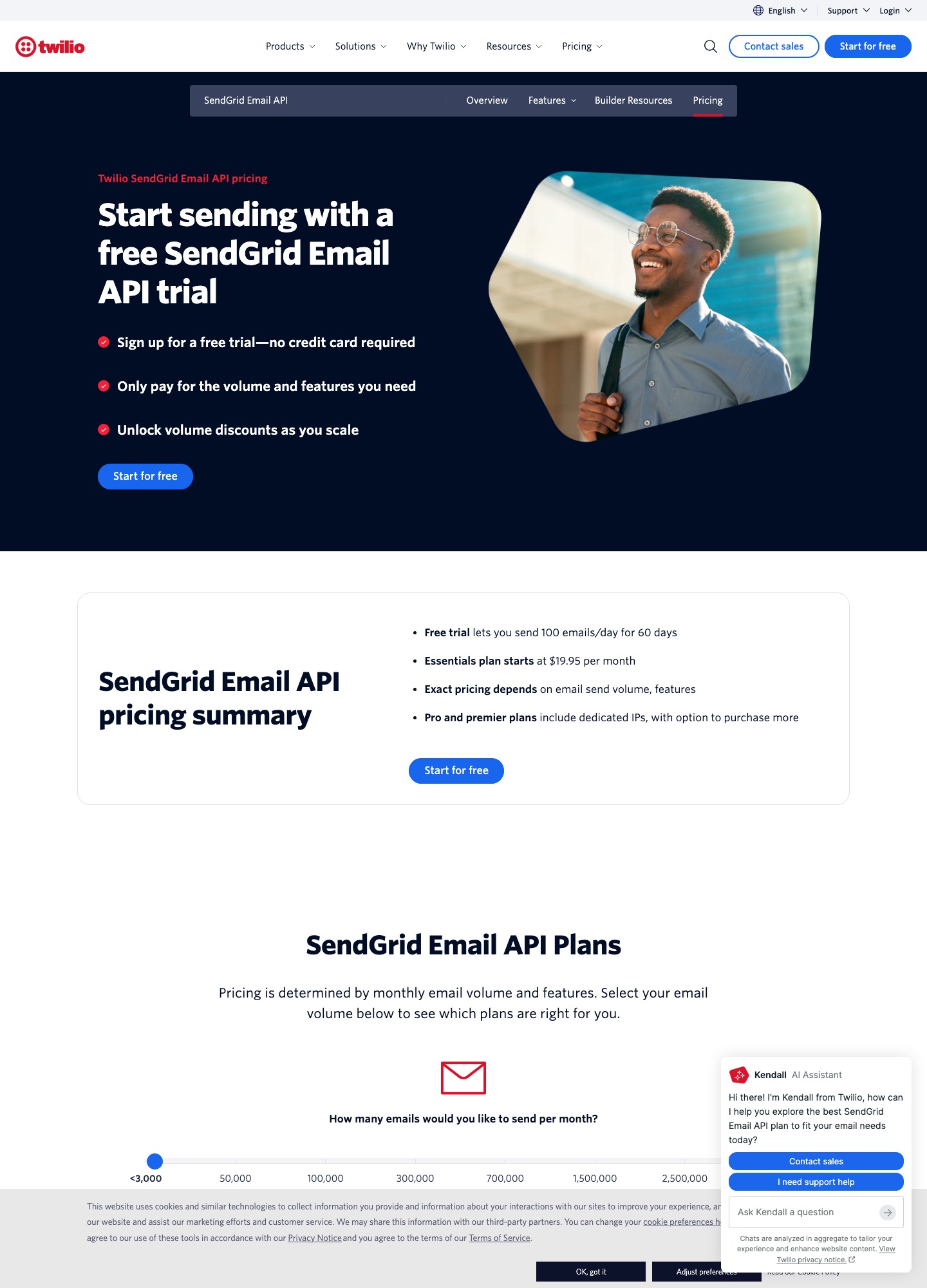 Twilio SendGrid Email API pricing page, captured Oct 2026