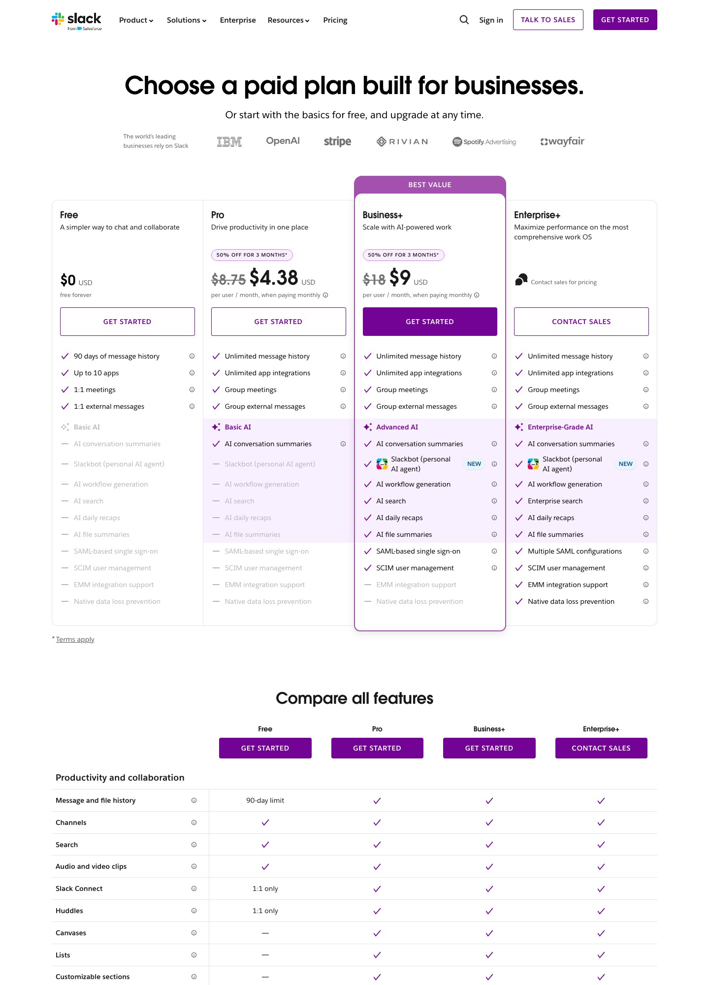 Slack pricing page captured October 2026 showing Free, Pro, Business+ and Enterprise+ with a 50 percent off for 3 months monthly offer