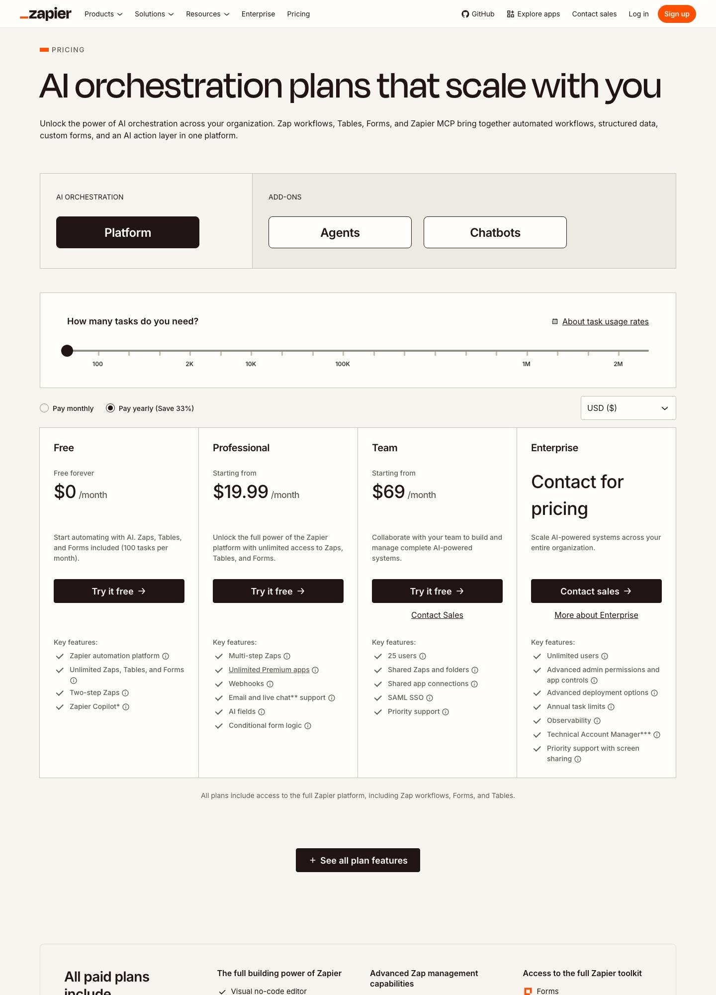 Zapier pricing page captured October 2026 with Pay yearly selected showing Free, Professional, Team and Enterprise