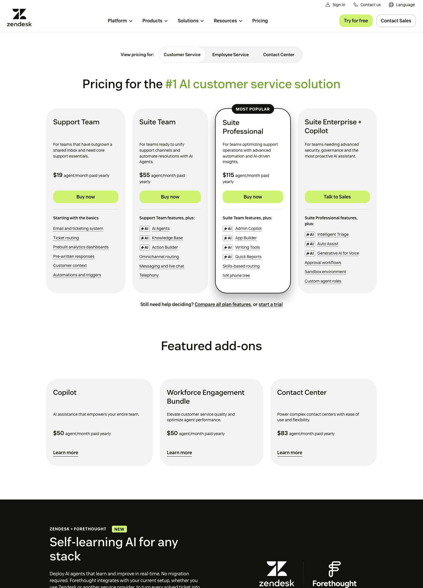Zendesk pricing page, captured Oct 2026